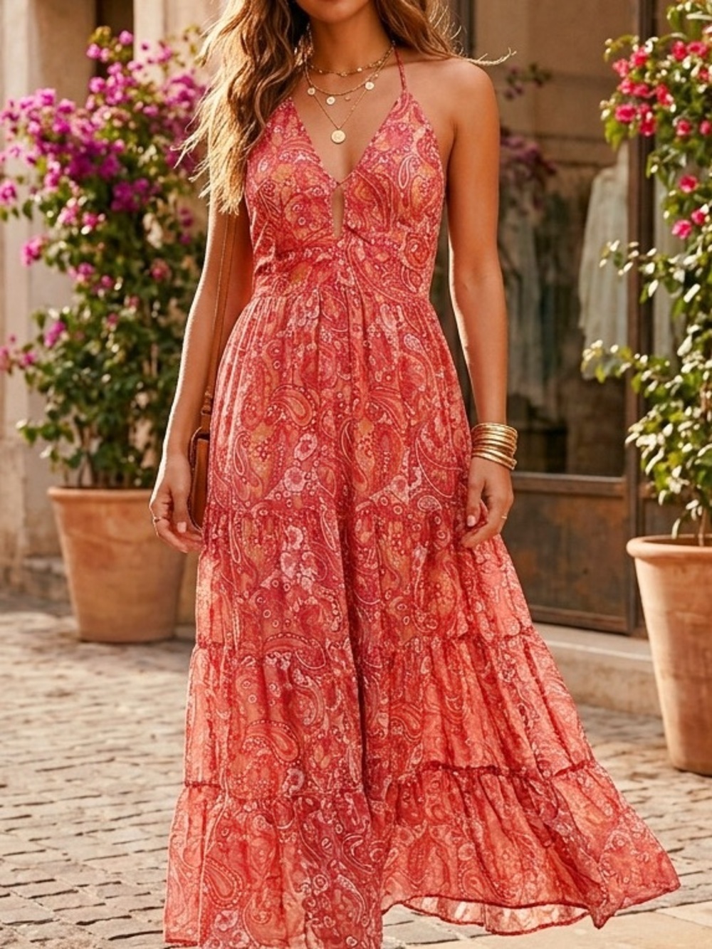 Dress Forum Boutique Tiered Metallic Paisley Cutout Halter Midi Maxi Dress Small